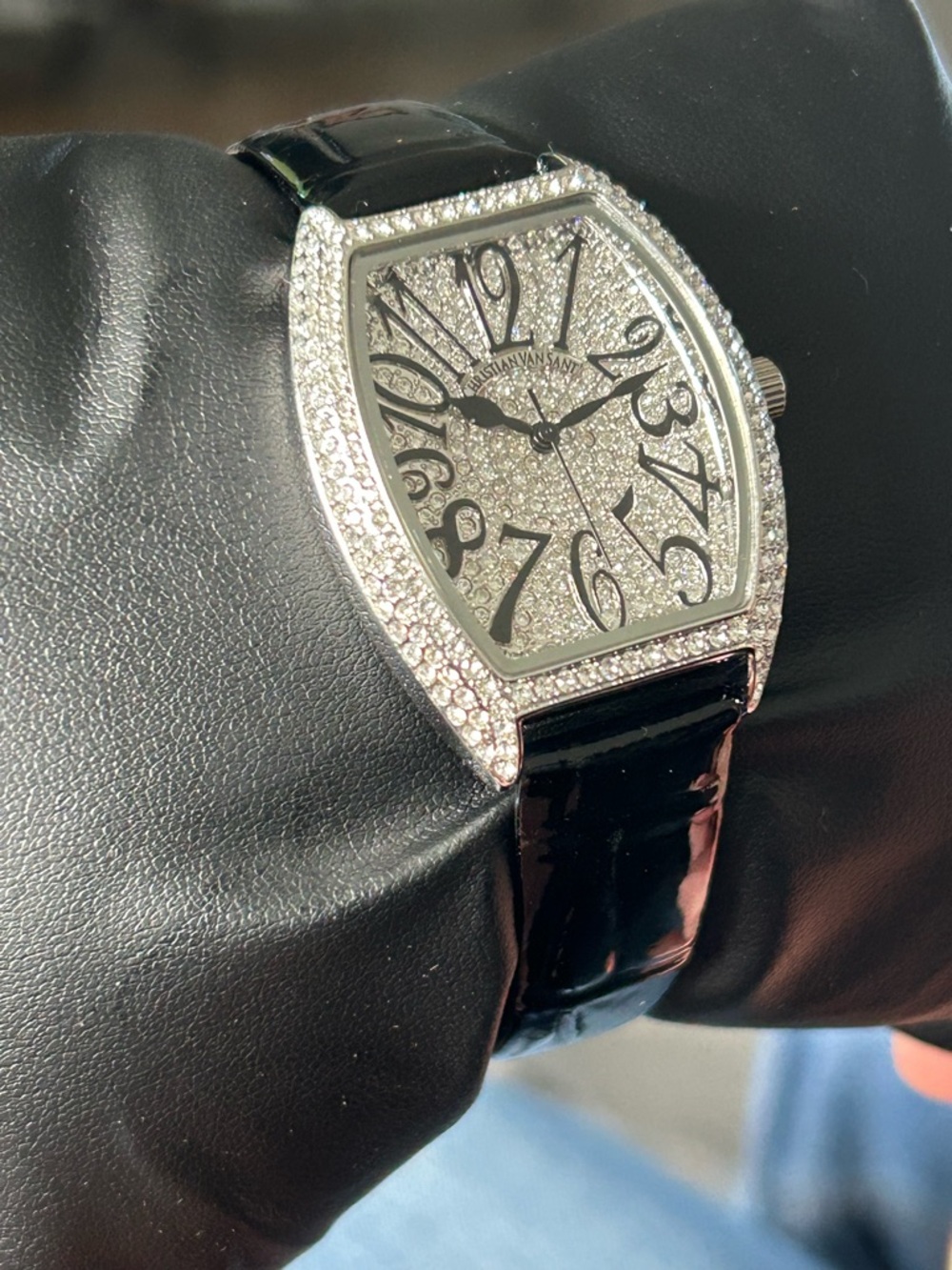 Crystal Pavé Christian Van Sant Women's Watch with Black Patent Strap
